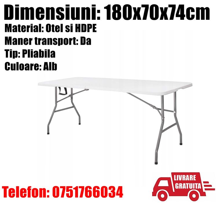 Masa Pliabila Alba Camping Gradina Curte Evenimente Terasa 180x70x74cm