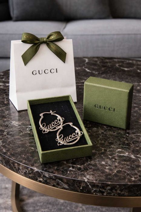 gucci обеци кръгли с чантичка и кутия гучи сребърни стомана неръждаеми нови
