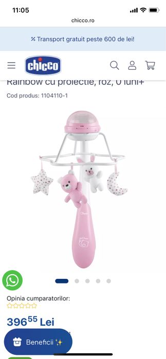 Vand Carusel muzical 3 in 1 Chicco Rainbow cu proiectie, roz, 0 luni+