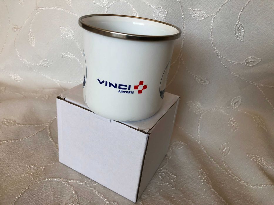 Метално емайлирано канче, бяло със сребрист кант, ретро стил, ново