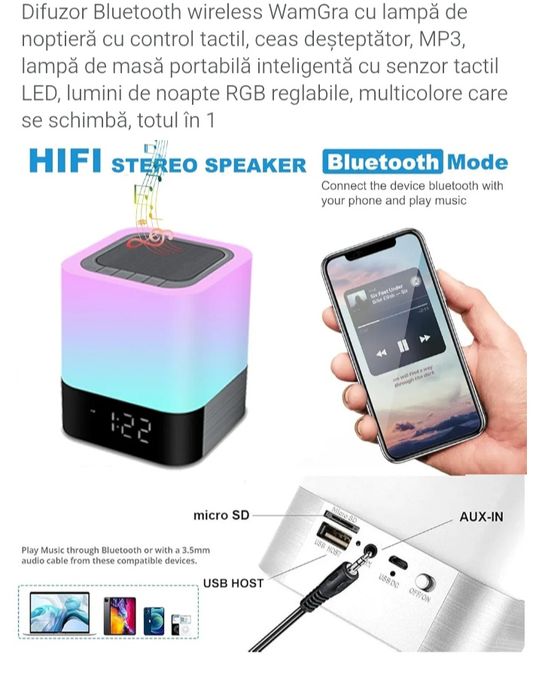 Lampă de noptieră cu ceas deșteptător, difuzor Bluetooth, lumină de no