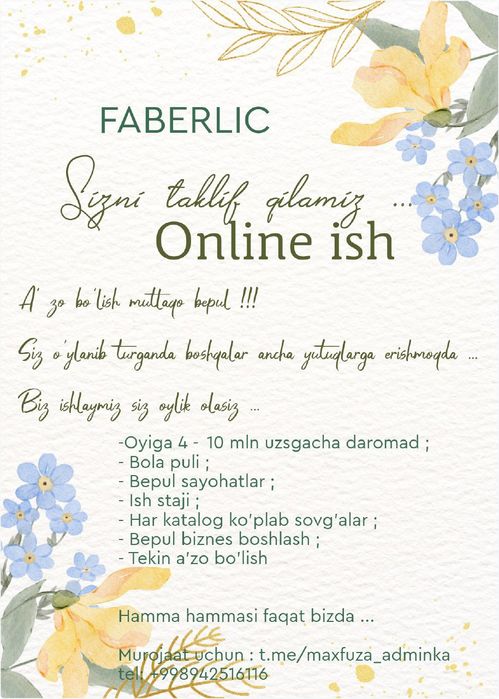 Faberlic kompaniyasida ishingizga zararsiz online daromad oling