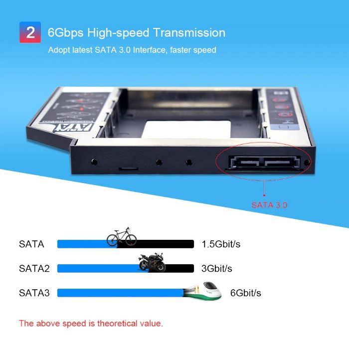 HDD / SSD Caddy - Adaptor CD-ROM la Hard Disk 9.5mm /12.7mm, SATA3, AL