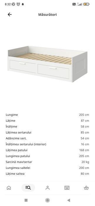 Cadru divan cu 2 sertare, alb, 80x200cm. Pat de o persoană, extensibil
