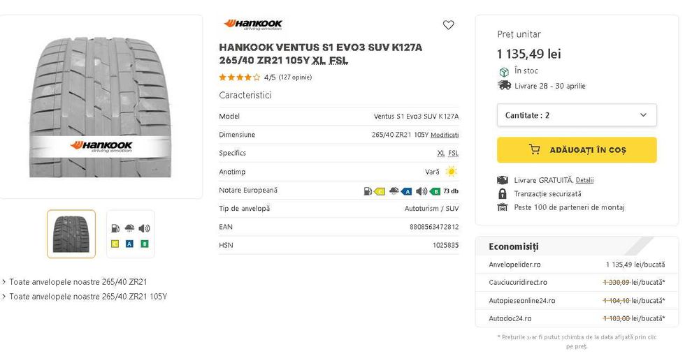 4 Anvelope vara Bridgestone 295 35 21 SUV si HANKOOK Turanza 265 40 21