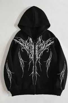 Hanorac negru cu fermoar, cu design grafic alb