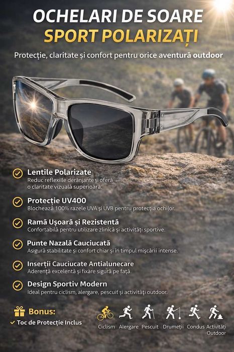 Ochelari de Soare Sport Polarizati pentru Barbati, UV400, Rama Transparenta, Lentile Fumurii, pentru Ciclism, Alergare si Activitati Outdoor