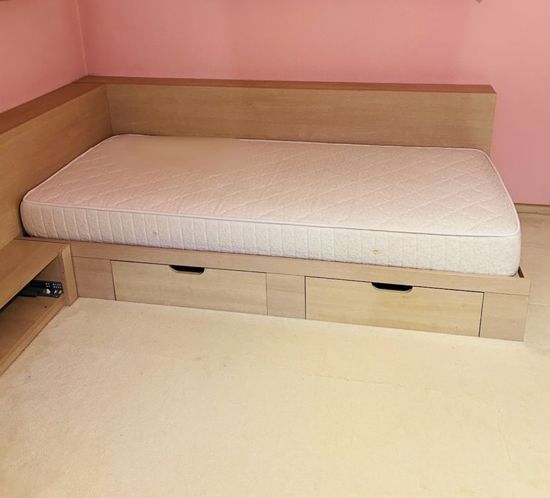 Pat o persoană 90x200 cm cu saltea și sertare – complet