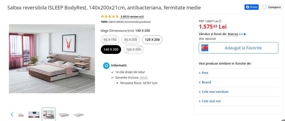 Saltea reversibila ISLEEP BodyRest, 140x200x21cm, fermitate medie
