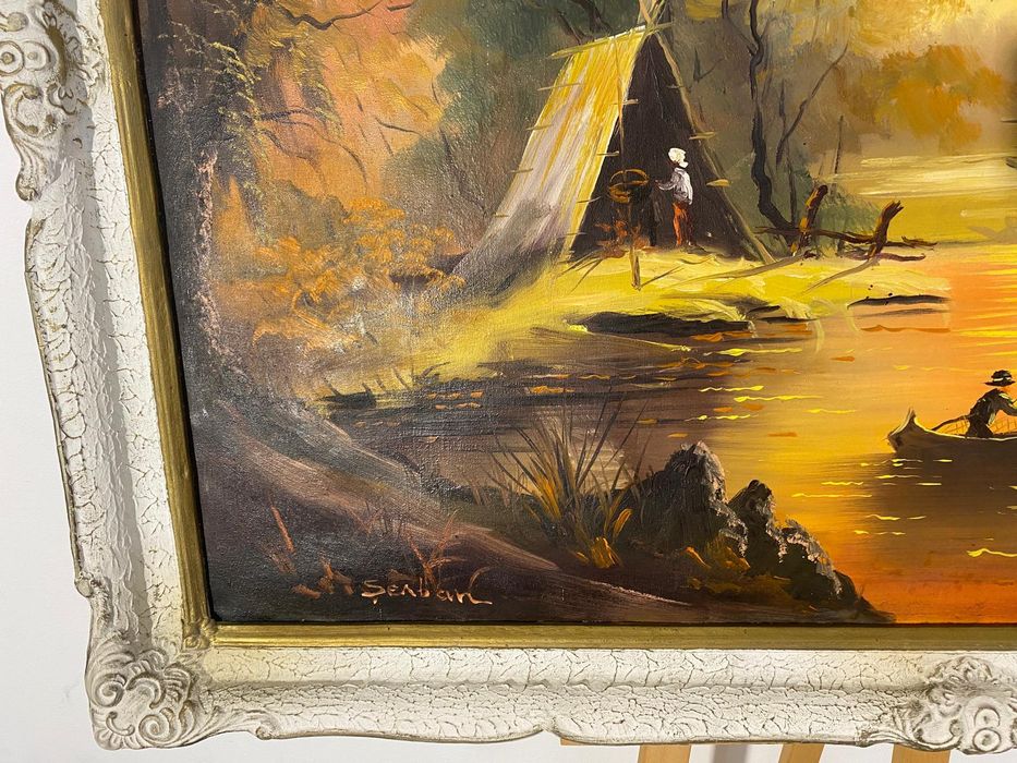 Tablou cu Ramă din Lemn 115x86 cm, Ulei pe Pânză; Peisaj Rustic Delta