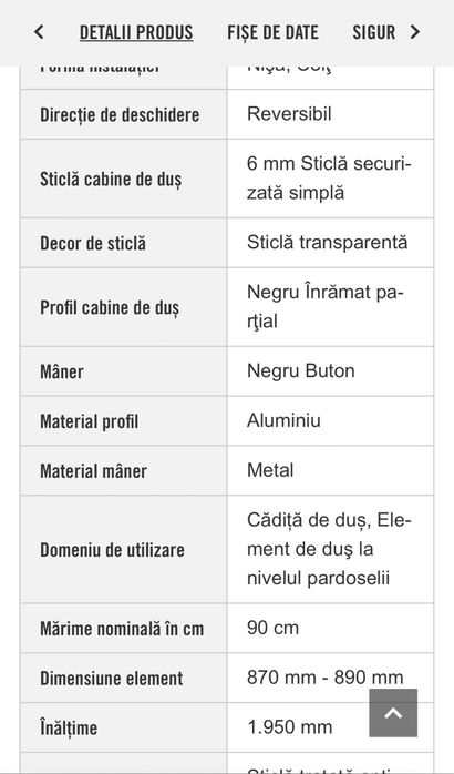 Usa Dus Batanta Basano Modena 90x195 cm Profil Negru mat