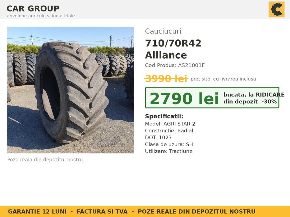 ANVELOPE 710/70R42 71070R42 710 70 42 Alliance AGRI STAR 2 DOT 2023 Cauciucuri Tractor Mare 300 CP SH GARANTIE
