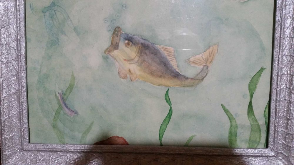 Море с палми и 2 платноходки. Рисувана картина с рамка.