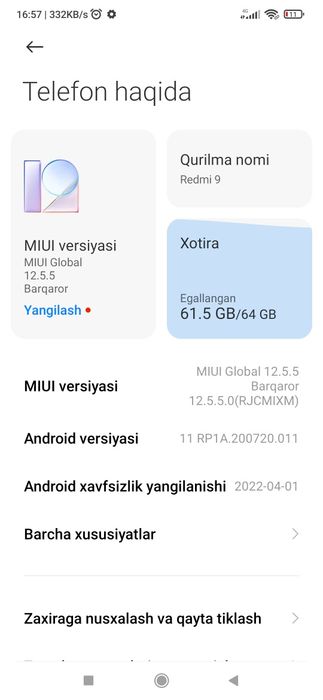 Redmi 9  64Gb xotira karopka dakumet bor momo yoʻq
