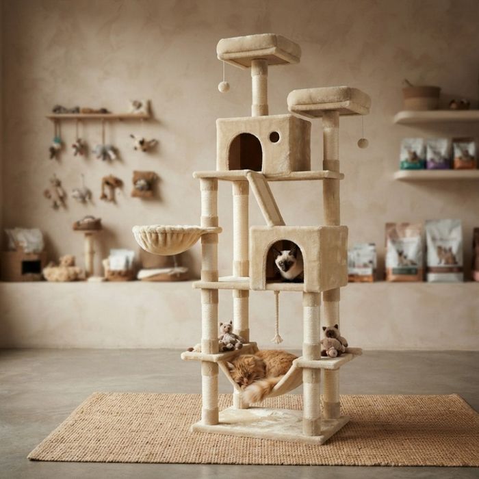 Драскалка за котки Beige 206 см – XXL катерушка с 2 къщички, хамак и площадки