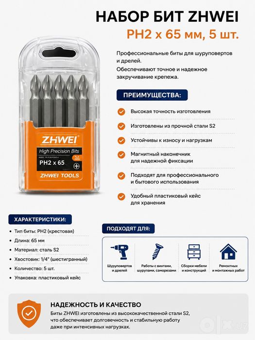 Набор бит ZHWEI PH2 × 65 мм — 5 шт