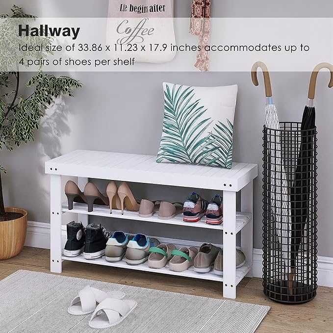 Bancuta raft pentru pantofi, din bambus, 3 niveluri, alb