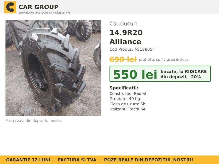 Cauciucuri Anvelope 14.9R20 14.9 R20 14.9-20 340/75R20 14920 Alliance Tractor Punte Fata Utilaje Agricole SH Second Hand LIVRARE Garantie 1 An