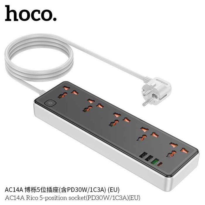 Hoco AC14A Rico Сетевой фильтр 5 розетками и USB-портами PD30W EU/GER