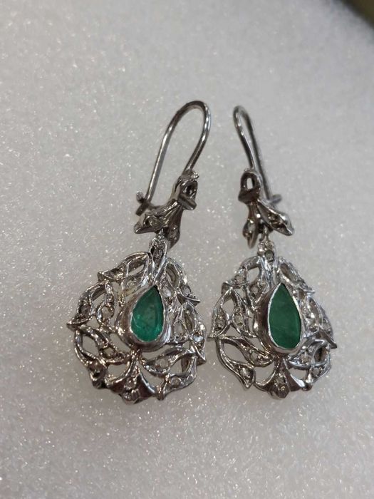 Стари дамски златни обеци с изумруд и диаманти;злато, златен ,златна