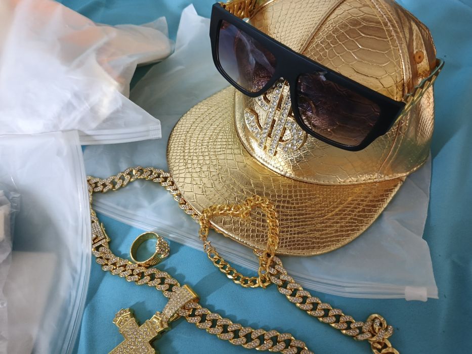 Set 5 Sapca Ochelari Soare Lant Bratara Inel Auriu Gold Argintiu Silve