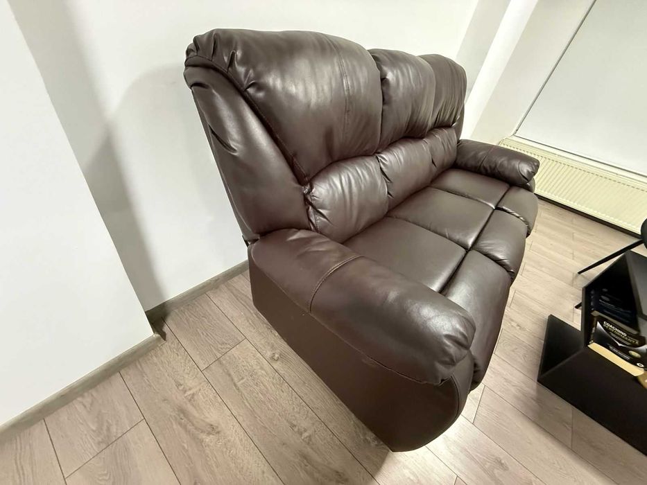 Canapea Recliner 3 Locuri Piele Maro – Extensibilă, Relax