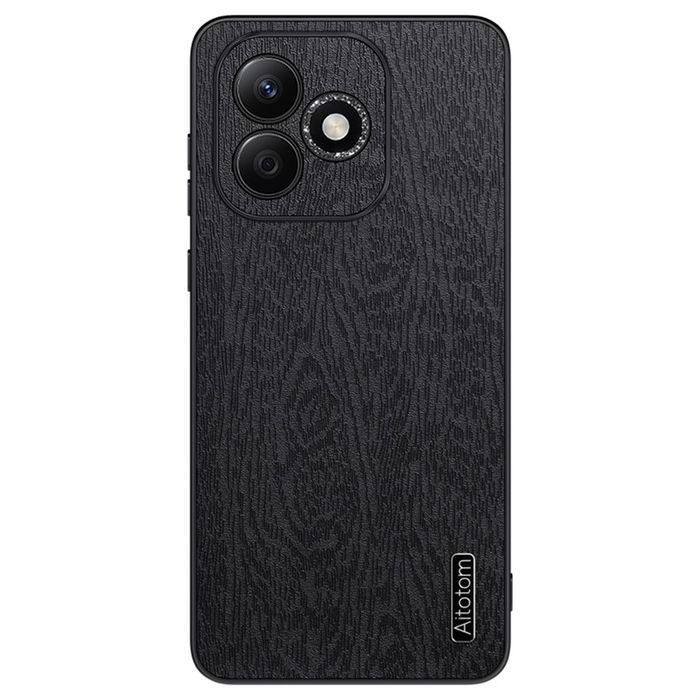 Удароустойчив гръб от еко кожа с дървесна текстура за Honor 600 Lite - черен