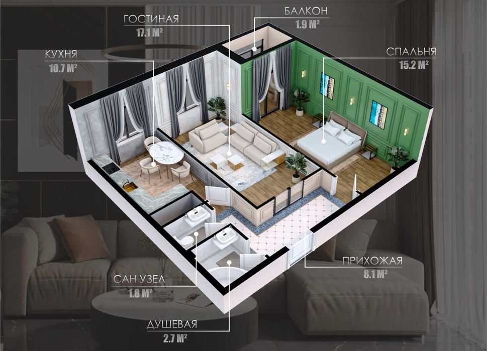 2х комнатная квартира за 55.000 $ (А)