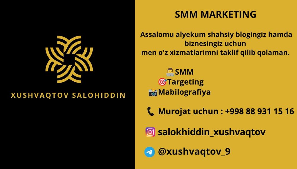 Smm targeting va Mobilografiya xizmatlarini taklif qilib qolaman