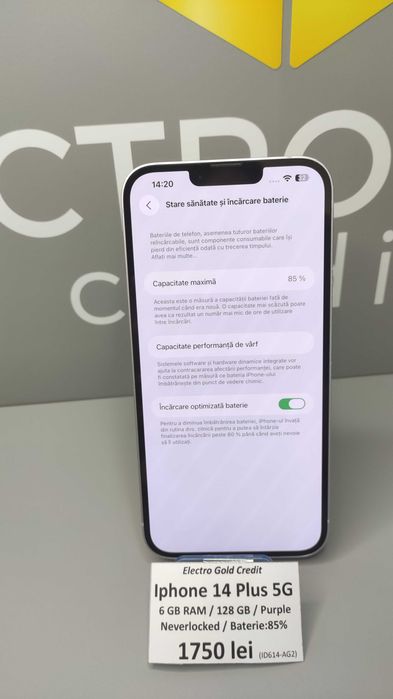 Iphone 14 Plus 128GB Purple/Neverlocked/Baterie:85% ID614-AG2