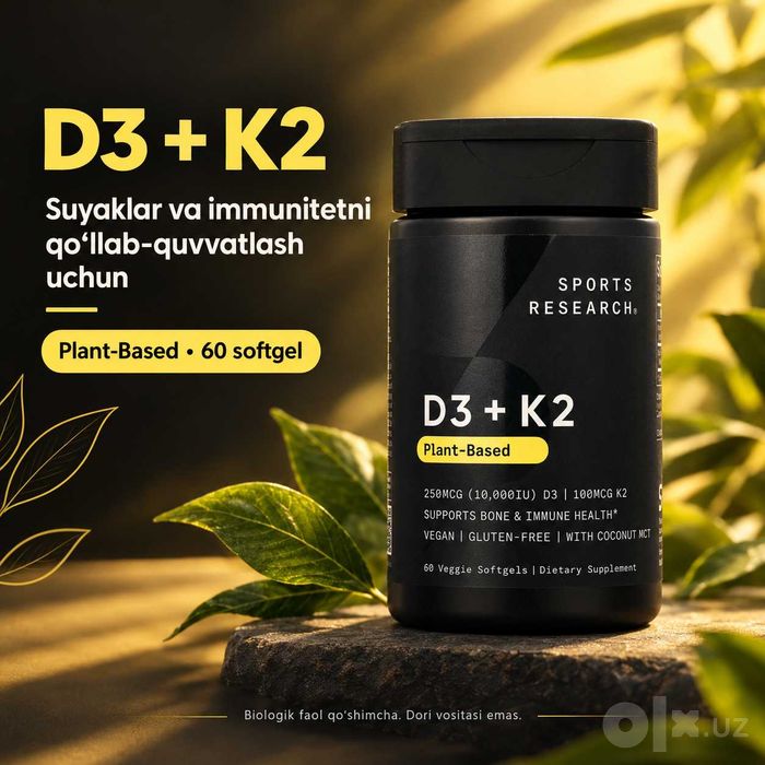 Sports Research D3 + K2 10 000 IU — AQSH vitamini, 60 kapsula