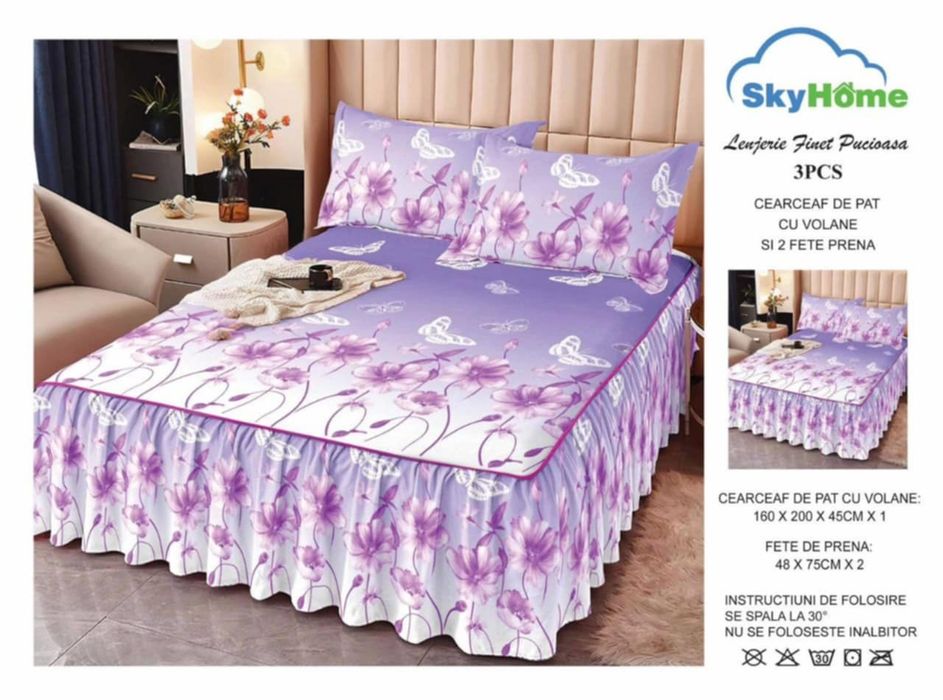 Cearceaf de pat finet cu volănașe + doua fete de perna