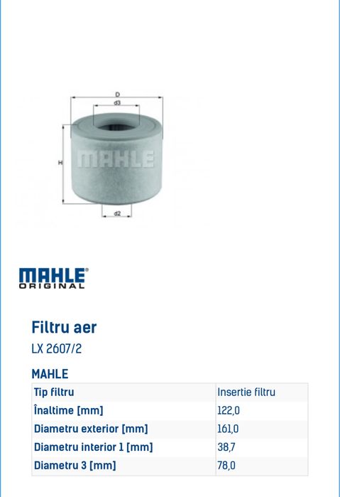 Filtru aer MAHLE LX 2607/2 4G0133843H, 4G0133843K VAG AUDI/VW/SEAT