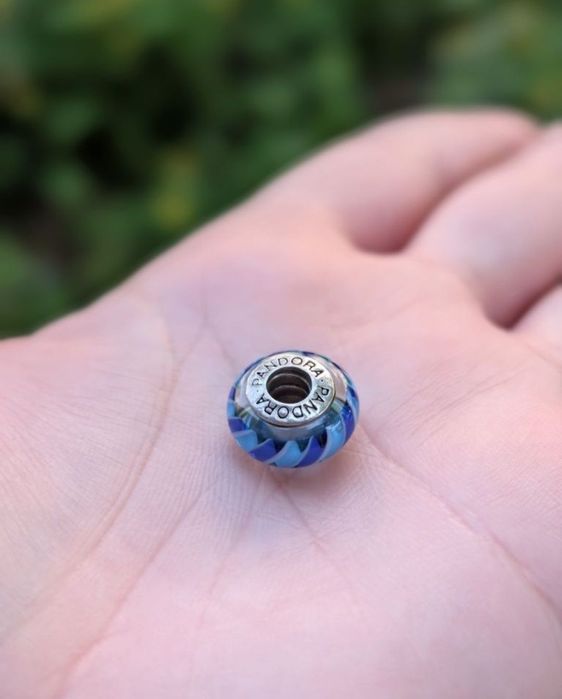 Vechi charm Pandora ALE, original, argint 925, Blue Stripes, sticla de Murano, cod 790611, model retras