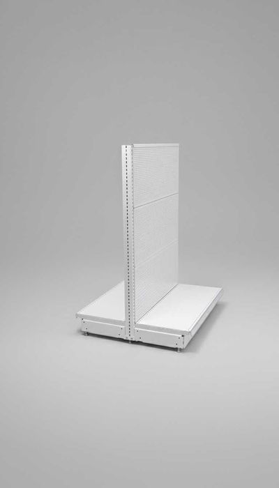 Островен стелаж с перфориран гръб за закачане на куки и рафт