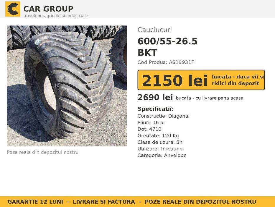 Cauciucuri Anvelope 600/55R26.5 600/55-26.5 600/55 R26.5 600 55 26.5 600x55x26.5 60055265 BKT Remorca Implement Flotatie SH Second Hand PRET BUN
