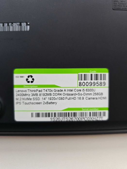 Lenovo ThinkPad T470s, 14 inch i5-6300u, 8GB RAM, 256GB SSD