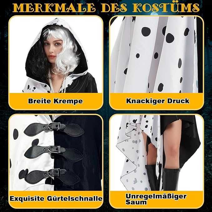 Дамски костюм на Круела Девил,  с рокля, перука, мрежа за коса