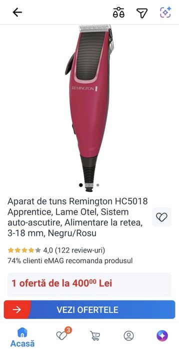 Aparat de tuns Remington HC5018 Apprentice, Lame Otel, Sistem auto-ascutire, alimentare la retea, 3-18 mm