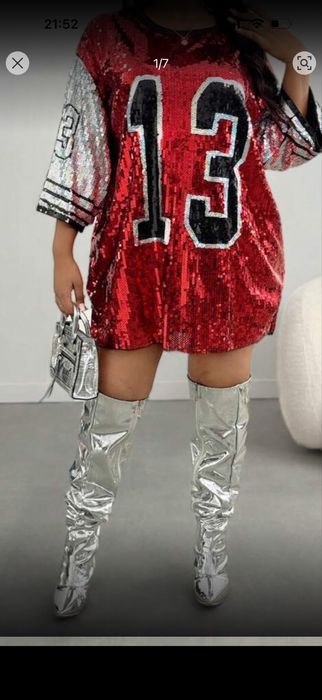 Рокля тип тениска, туника с пайети, червена, сива, парти, блестяща