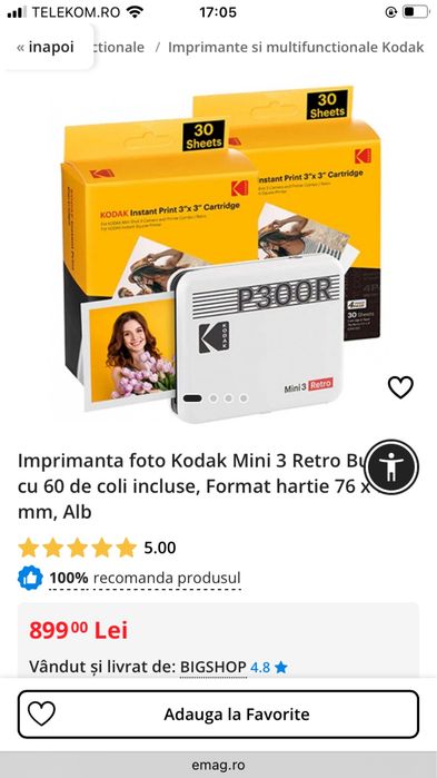 Imprimanta foto Kodak Mini 3 Retro Bundle cu 60 de coli incluse