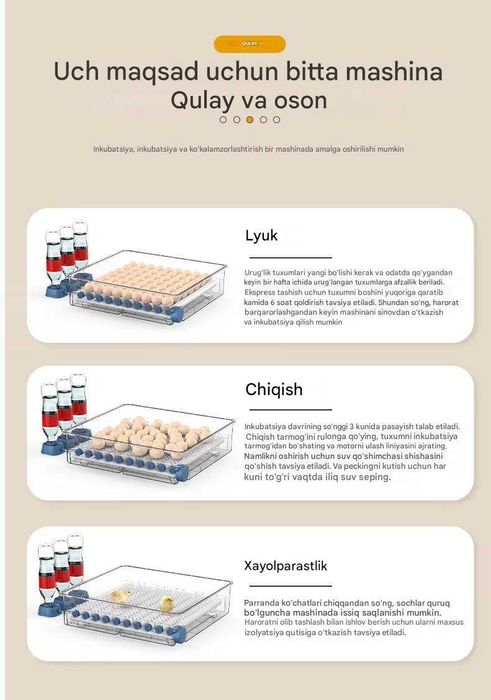 Inkubator 9/12/24/36/64/100/128/200, avtomat 12V va 220V dan ishlaydi