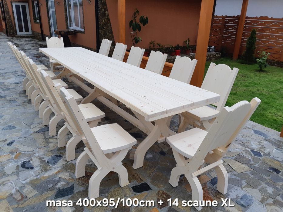 Masa cu  14 sau 16  scaune . Mobilier rustic . Mese si scaune. Masa 4m