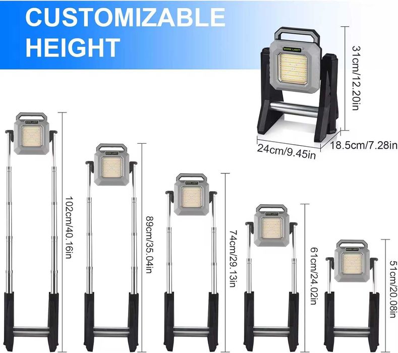 Акумулаторна LED работна лампа 200W с телескопична стойка