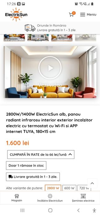 Vând panou radiant de încălzire cu infrarosu ElectricSun