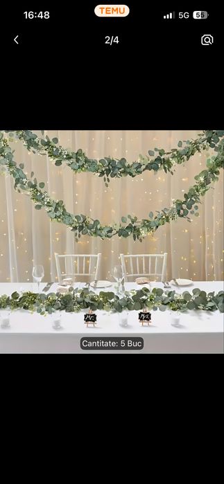 Set complet decor nuntă – suporți metalici, flori artificiale, ghirlande, Mr & Mrs, fețe de masă