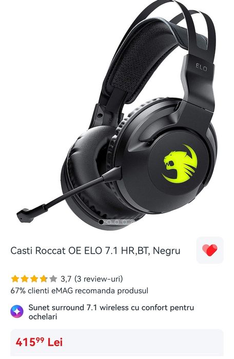 Casti gaming wireless Roccat ELO 7.1 Air, Iluminare RGB, USB, Negru