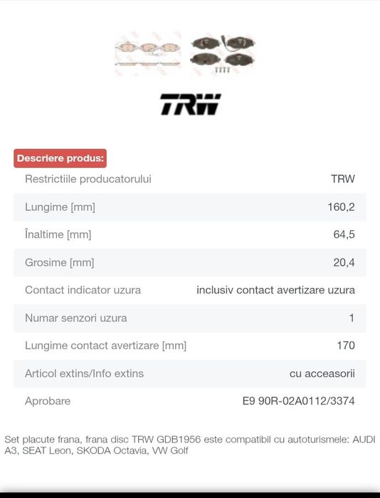 SET PLACUTE FRÂNE DISC TRW  Audi A3,Seat Leon,Skoda Oktavia ,Vw Golf
