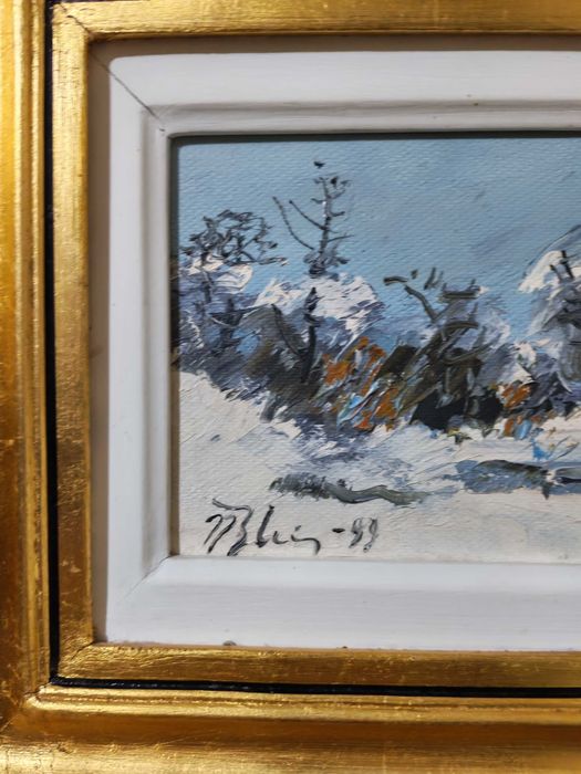 Tablou original Blei Nicolae - peisaj de iarna 18,5 x 19 cm, semnat
