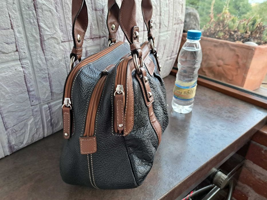 дамска чанта,TIGNANELLO,черна/кафява торба-естествена кожа